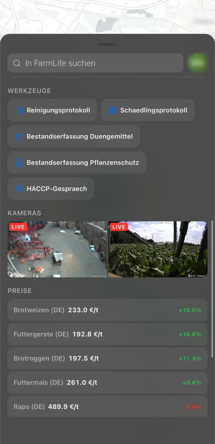 Werkzeuge der farmlife-App: Reinigungs- und Schädlingsprotokoll, Bestandserfassung, HACCP, dazu zwei Live-Kamerabilder und aktuelle Marktpreise für Getreide und Raps.